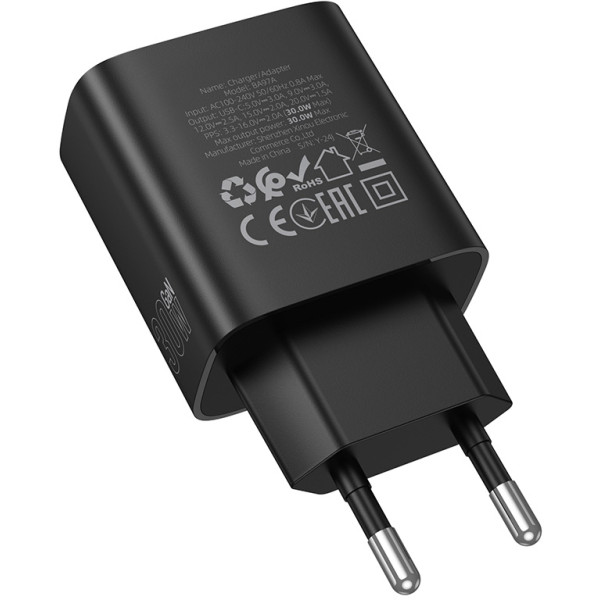 Фото - Мережевий зарядний пристрій BOROFONE BA97A Ilustre single-port PD30W charger with digital display (EU) Black (6941991120480)