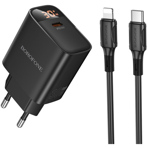 Фото - Мережевий зарядний пристрій BOROFONE BA97A Ilustre single-port PD30W charger with digital display set C to iP EU Black (6941991120497)