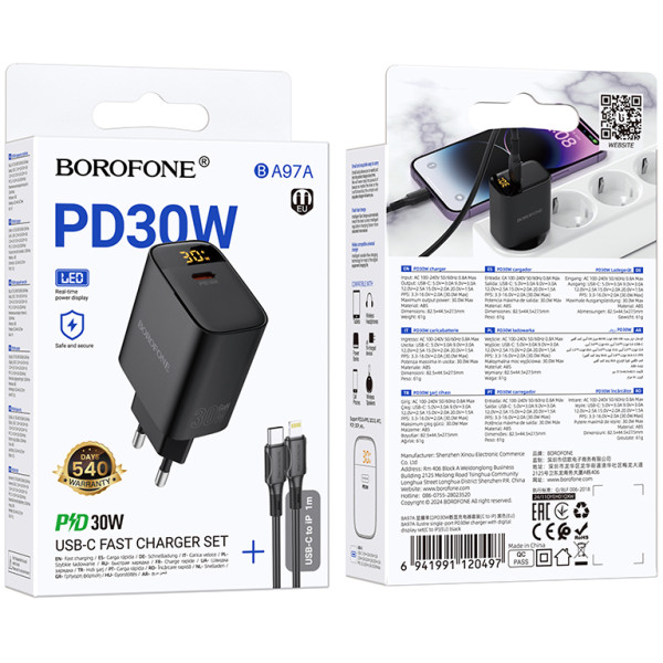 Фото - Мережевий зарядний пристрій BOROFONE BA97A Ilustre single-port PD30W charger with digital display set C to iP EU Black (6941991120497)