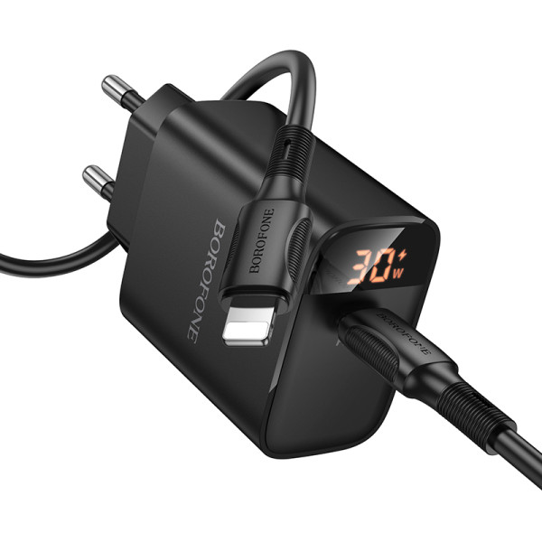Фото - Мережевий зарядний пристрій BOROFONE BA97A Ilustre single-port PD30W charger with digital display set C to iP EU Black (6941991120497)