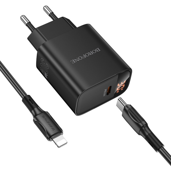 Фото - Мережевий зарядний пристрій BOROFONE BA97A Ilustre single-port PD30W charger with digital display set C to iP EU Black (6941991120497)