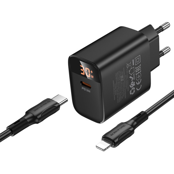 Фото - Мережевий зарядний пристрій BOROFONE BA97A Ilustre single-port PD30W charger with digital display set C to iP EU Black (6941991120497)