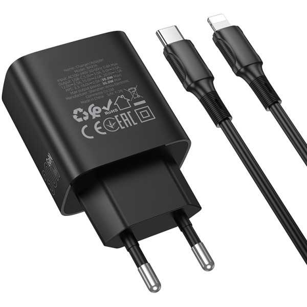 Фото - Мережевий зарядний пристрій BOROFONE BA97A Ilustre single-port PD30W charger with digital display set C to iP EU Black (6941991120497)