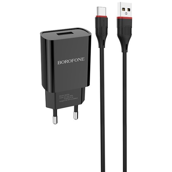 Фото - Мережевий зарядний пристрій BOROFONE BA20A Sharp single port charger set Type-C 10.5W Black (6931474702142)