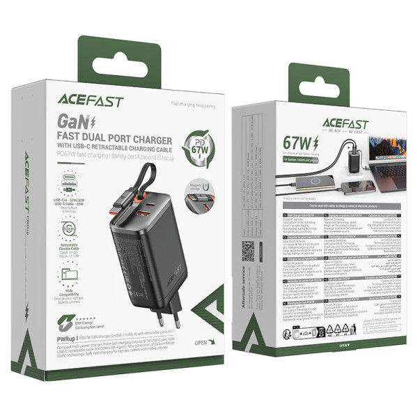 Фото - Мережевий зарядний пристрій AceFast A111 PD67W GaN charger(2*USB-C+USB-A) Black (6974316284062)