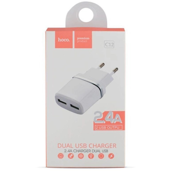 Фото - Сетевое зарядное устройство HOCO C12 Smart dual USB charger 12W White (6957531047759)