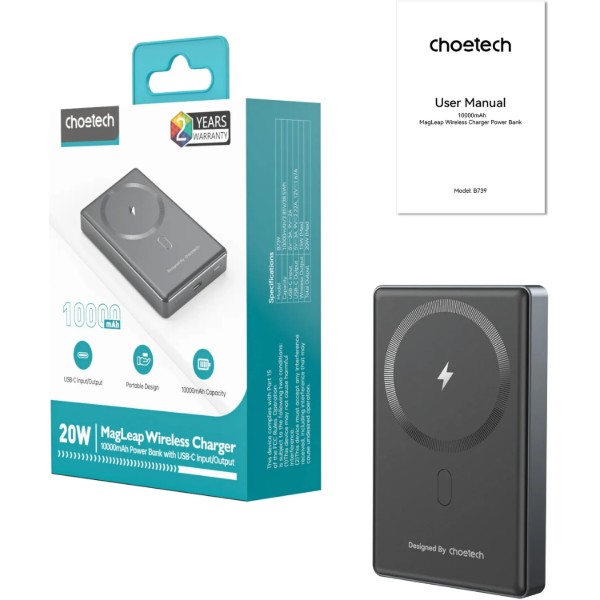 Фото - Батарея мобильная Choetech Magnetic Wireless 10000mAh 20W Black (B739-CCBK)