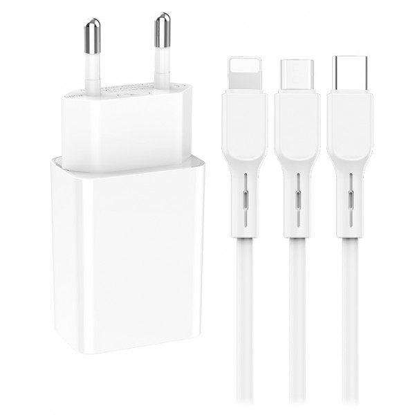 Фото - Мережевий зарядний пристрій SkyDolphin SC36E (1USBx2.4A) White (MZP-000187) + кабель Lightning/Type-C/MicroUSB