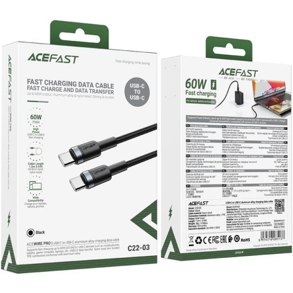 Фото - Кабель синхронізації даних AceFast USB 2.0 Type-C M-M, 1.2 м Black (6974316285137)