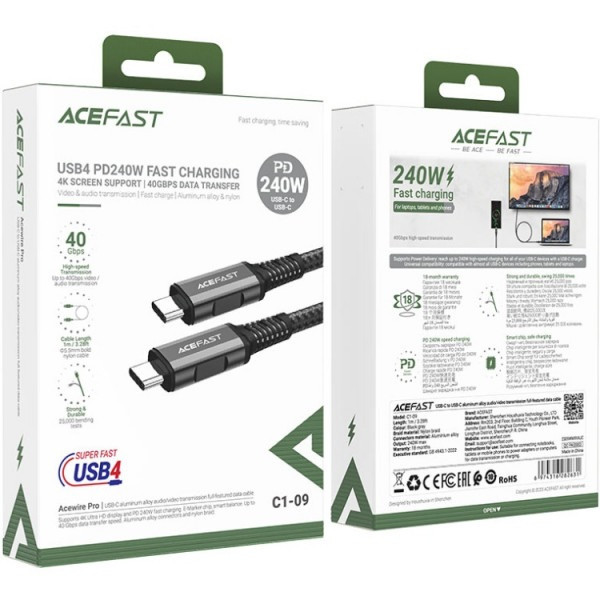 Фото - Кабель синхронізації даних AceFast USB 2.0 Type-C M-M, 1м 240W C1-09 Black-grey (6974316282631)