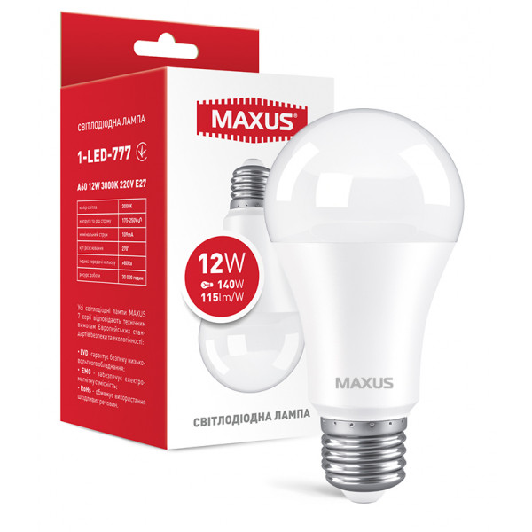 Фото - Лампочка светодиодная Maxus A60 12W 3000K 220V E27 (1-LED-777)