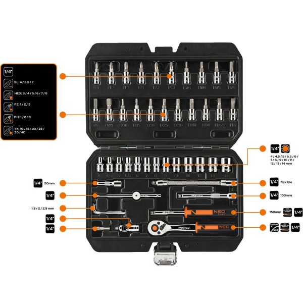 Фото - Набор торцевых головок Neo Tools 1/4" 46 шт. (10-004)