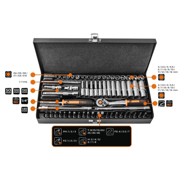 Фото - Набор торцевых головок Neo Tools 1/4" 63 шт. (10-008)