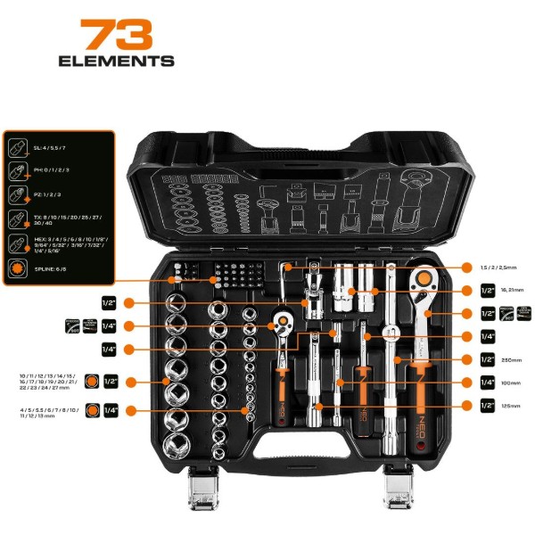 Фото - Набір торцевих голівок Neo Tools 1/2", 1/4" 73 шт. (10-054)