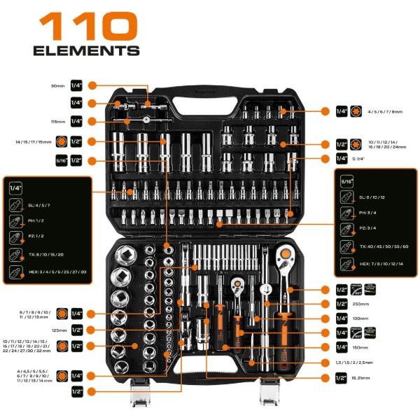 Фото - Набір торцевих голівок Neo Tools 1/2", 1/4" 110 шт. (10-066)
