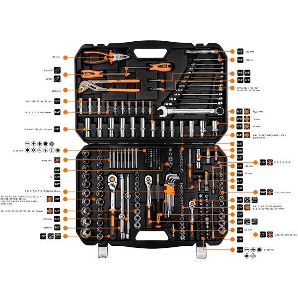 Фото - Набор торцевых головок Neo Tools 1/2", 1/4", 3/8" 233 шт. (10-078)