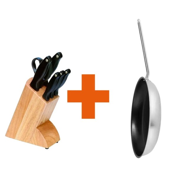 Фото - Набір садових інструментів Fiskars Ножі в деревяному блоці Kitchen Devil + Сковорода Steel 28 см (1000773105909)