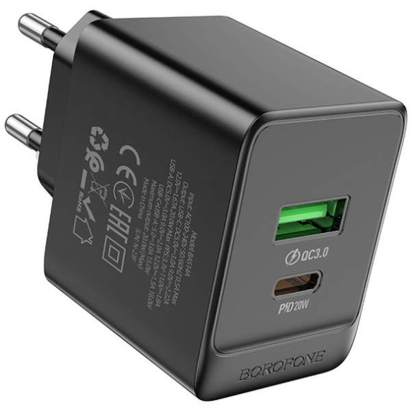 Фото - Мережевий зарядний пристрій BOROFONE BAS14A Erudite PD20W+QC3.0 charger EU Black (6941991104947)