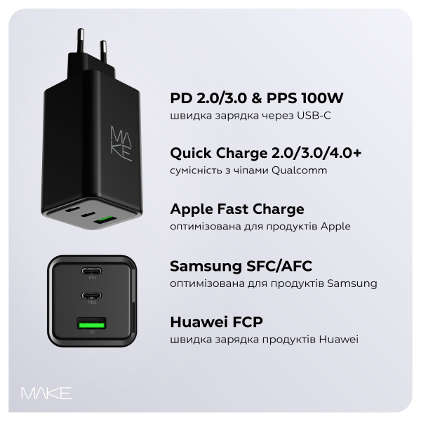 Фото - Мережевий зарядний пристрій MAKE 100W GaN 2xPD + QC3.0 Black (MCW-10031GBK)