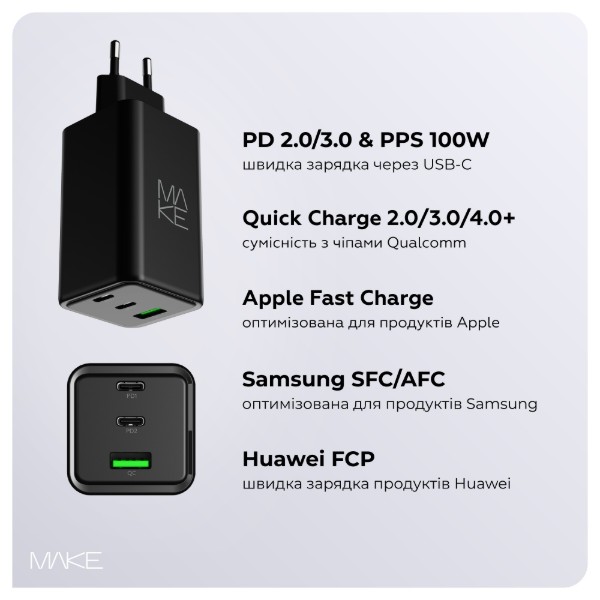 Фото - Сетевое зарядное устройство MAKE 100W GaN 2xPD + QC3.0 Black (MCW-10031GBK)