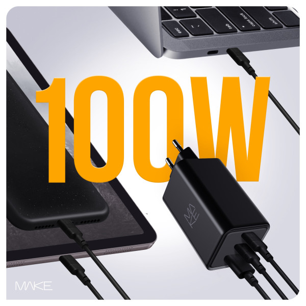 Фото - Мережевий зарядний пристрій MAKE 100W GaN 2xPD + QC3.0 Black (MCW-10031GBK)