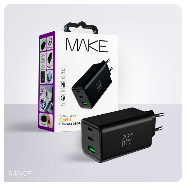 Фото - Мережевий зарядний пристрій MAKE 100W GaN 2xPD + QC3.0 Black (MCW-10031GBK)