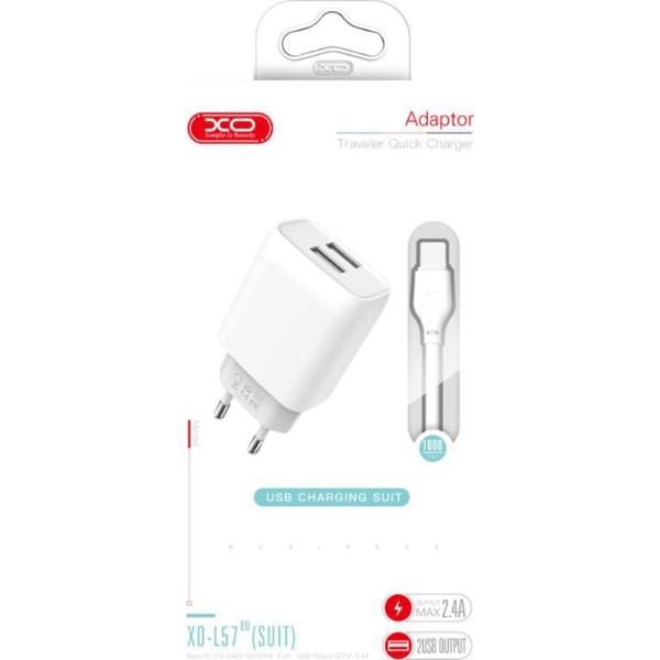 Фото - Сетевое зарядное устройство XO L57 2USB 2.4A White (00000014101) + кабель Lightning