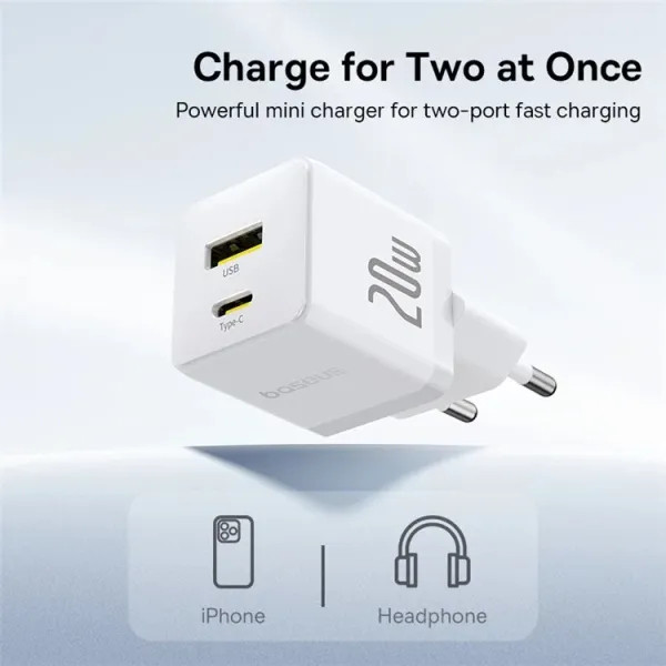 Фото - Мережевий зарядний пристрій Baseus Palm Fast Charger C+U 20W EU Moon White (With Cable Type-C to Type-C 60W 1m) (P10111608213-01)