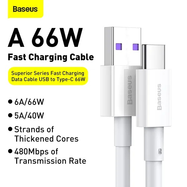 Фото - Кабель Baseus Superior Series USB to Type-C 66W 1m White (CATYS-02)