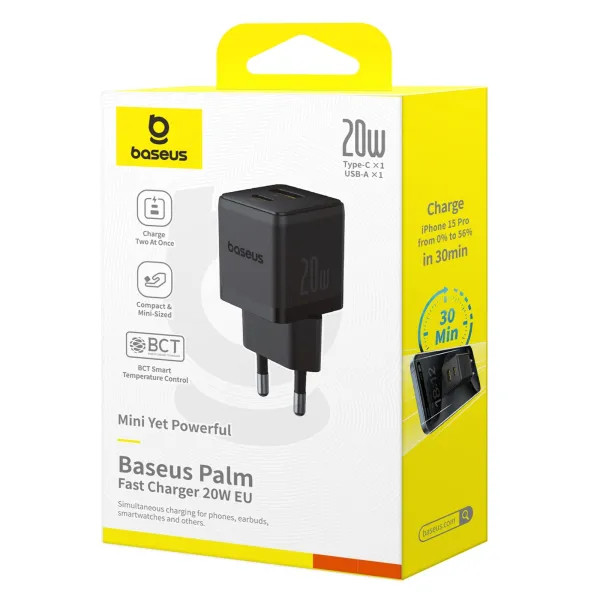 Фото - Сетевое зарядное устройство Baseus Palm Fast Charger C+U 20W EU Cluster Black (P10111608113-00)