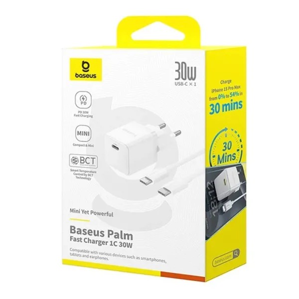 Фото - Мережевий зарядний пристрій Baseus Palm Fast Charger 1C 30W EU Moon White (P10111605213-01)