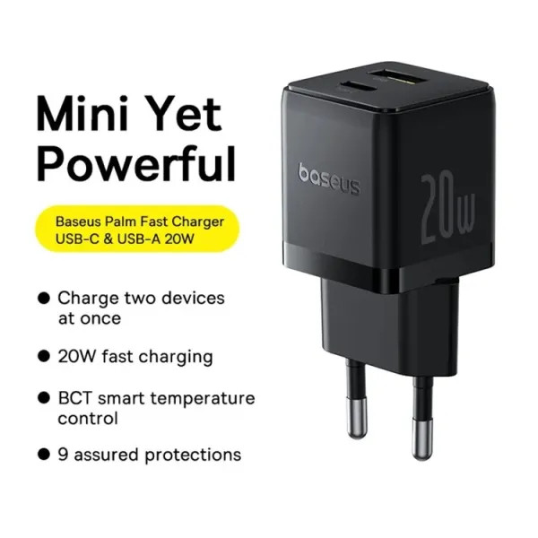 Фото - Сетевое зарядное устройство Baseus Palm Fast Charger C+U 20W EU Cluster Black (P10111608113-00)