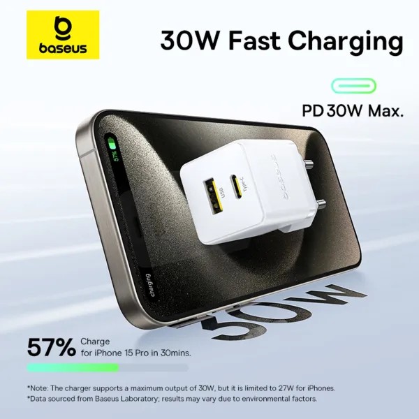 Фото - Мережевий зарядний пристрій Baseus Palm Fast Charger Type-C+USB 30W white (P1011160A213-00)