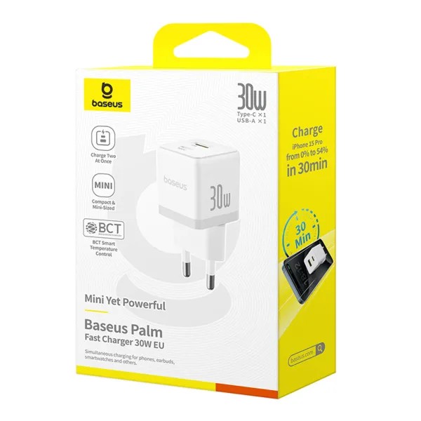 Фото - Мережевий зарядний пристрій Baseus Palm Fast Charger Type-C+USB 30W white (P1011160A213-00)