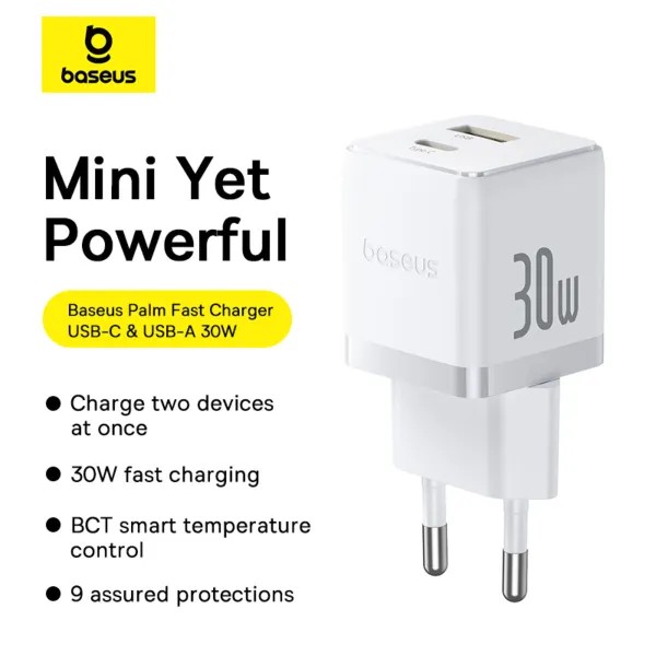 Фото - Мережевий зарядний пристрій Baseus Palm Fast Charger Type-C+USB 30W white (P1011160A213-00)