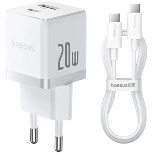 Фото - Мережевий зарядний пристрій Baseus Palm Fast Charger C+U 20W EU Moon White (With Cable Type-C to Type-C 60W 1m) (P10111608213-01)