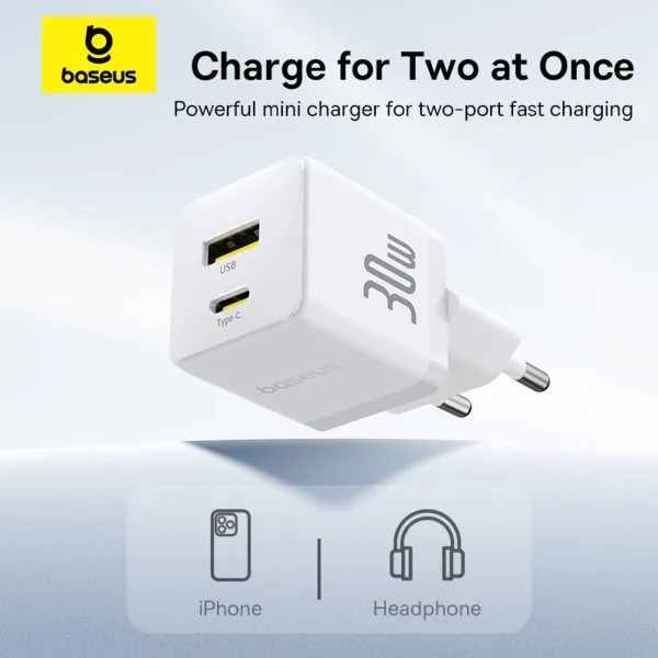 Фото - Мережевий зарядний пристрій Baseus Palm Fast Charger Type-C+USB 30W white (P1011160A213-00)
