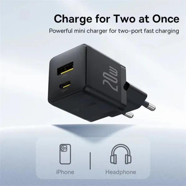 Фото - Сетевое зарядное устройство Baseus Palm Fast Charger C+U 20W EU Cluster Black (P10111608113-00)
