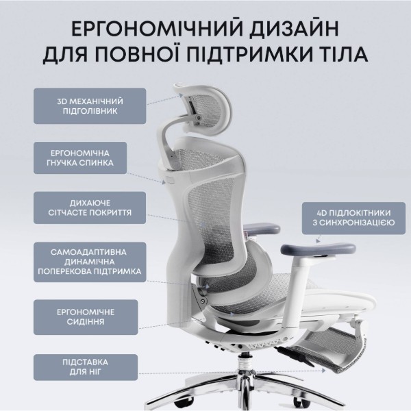 Фото - Крісло офісне Sihoo DORO C300L Mesh White with footrest (DORO-C300L-A3-102-JT)