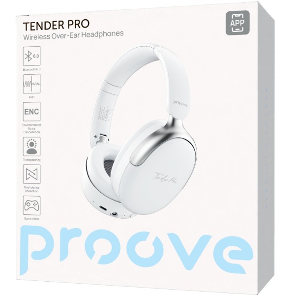 Фото - Навушники накладні бездротові Proove Tender Pro with ANC (APP) white (HPTP0001AP02)