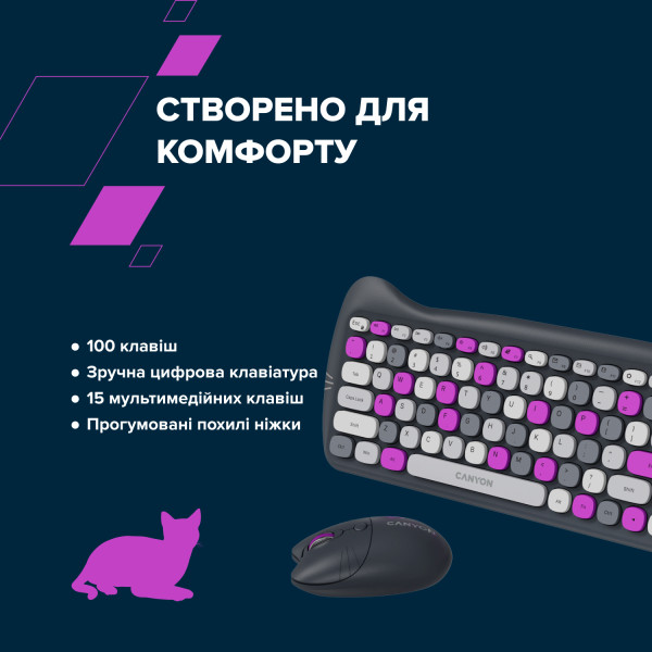 Фото - Клавиатура+мышь беспроводная Canyon HSET-W6 Kitty Edition Violet (CNS-HSETW6VT)