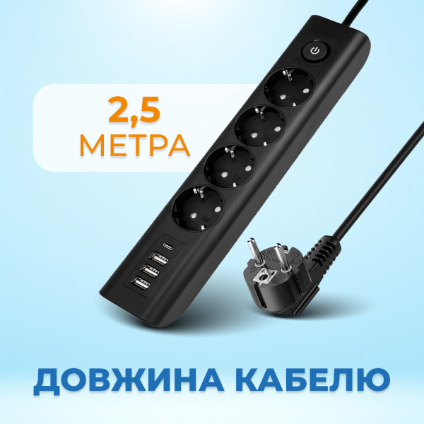 Фото - Мережевий фільтр Ultra PB70431 (4 роз., 3 USB, 1 Type-C, 2,5м) Чорний