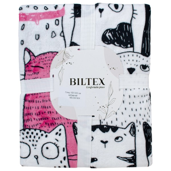 Фото - Плед полуторний Biltex Flannel білий Meow Mix 150х200 (4820298413933)