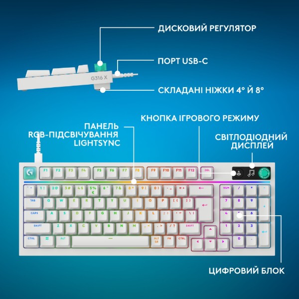 Фото - Клавіатура дротова ігрова Logitech G316 X 98 White Tactile (920-014231)