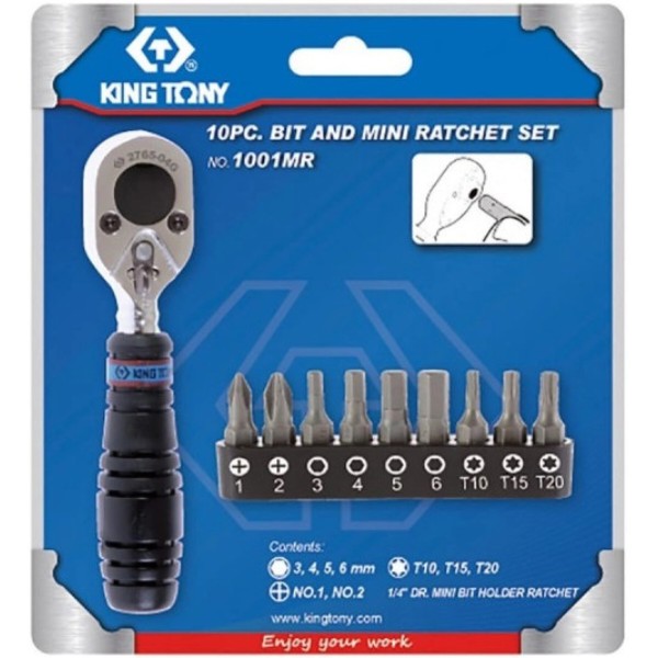 Фото - Біта для викрутки KING TONY з тріскачкою 1/4" TORX HEX PH 10 шт. (1001MR)
