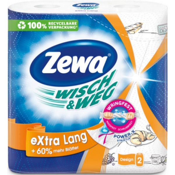 Фото - Рушники паперові Zewa Wisch&Weg Extra Lang Original, 2 слоя, 2 рулона 72 листка (25х24см) (7322540973112)