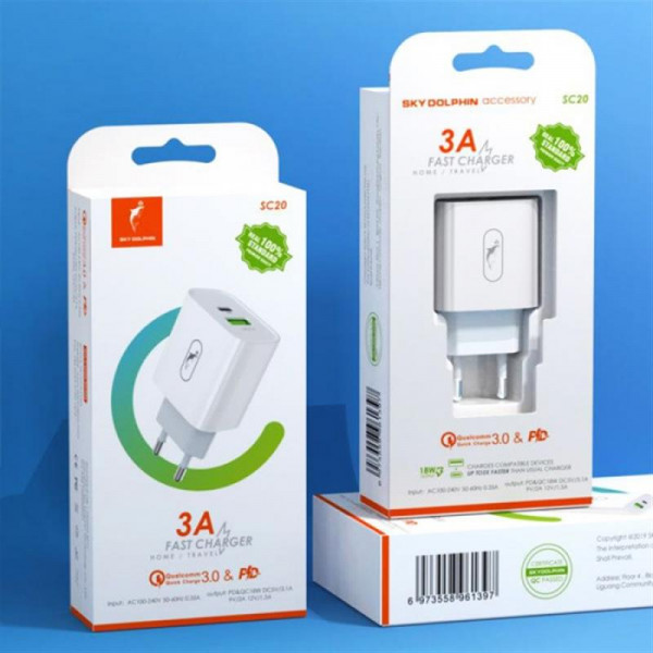 Фото - Мережевий зарядний пристрій SkyDolphin SC20 PD+QC3.0 (2USB, 3A) White (MZP-000121)
