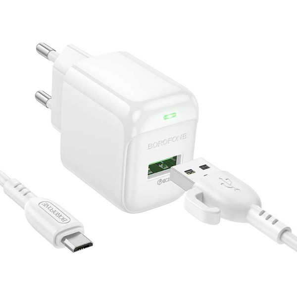 Фото - Мережевий зарядний пристрій BOROFONE BAS42A Potential single-port QC3.0 charger set(Micro)(EU) White (6941991113796)
