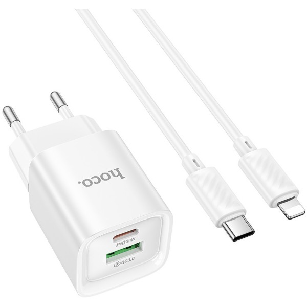 Фото - Мережевий зарядний пристрій HOCO C147A Charm PD20W+QC3.0 charger set (C to iP)(EU) White (6942007630283)