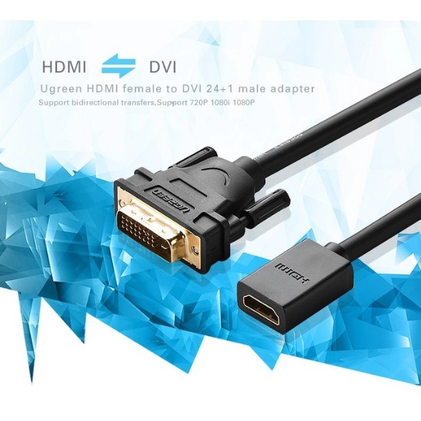 Фото - Перехідник DVI - HDMI UGREEN DVI Male to HDMI Female Adapter Cable 22cm Black (20118)